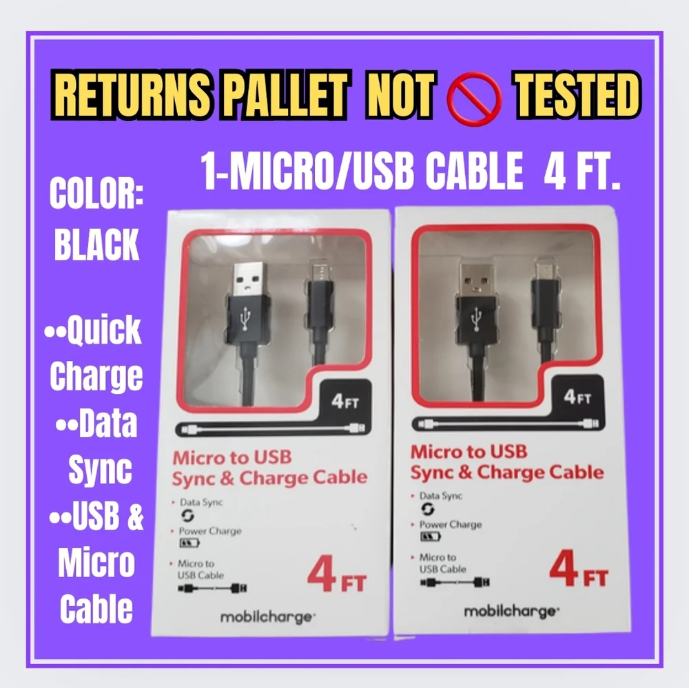 🥳1-MICRO USB CABLE/BLACK 4ft./PALLET RETURN NOT 🚫 TESTED
